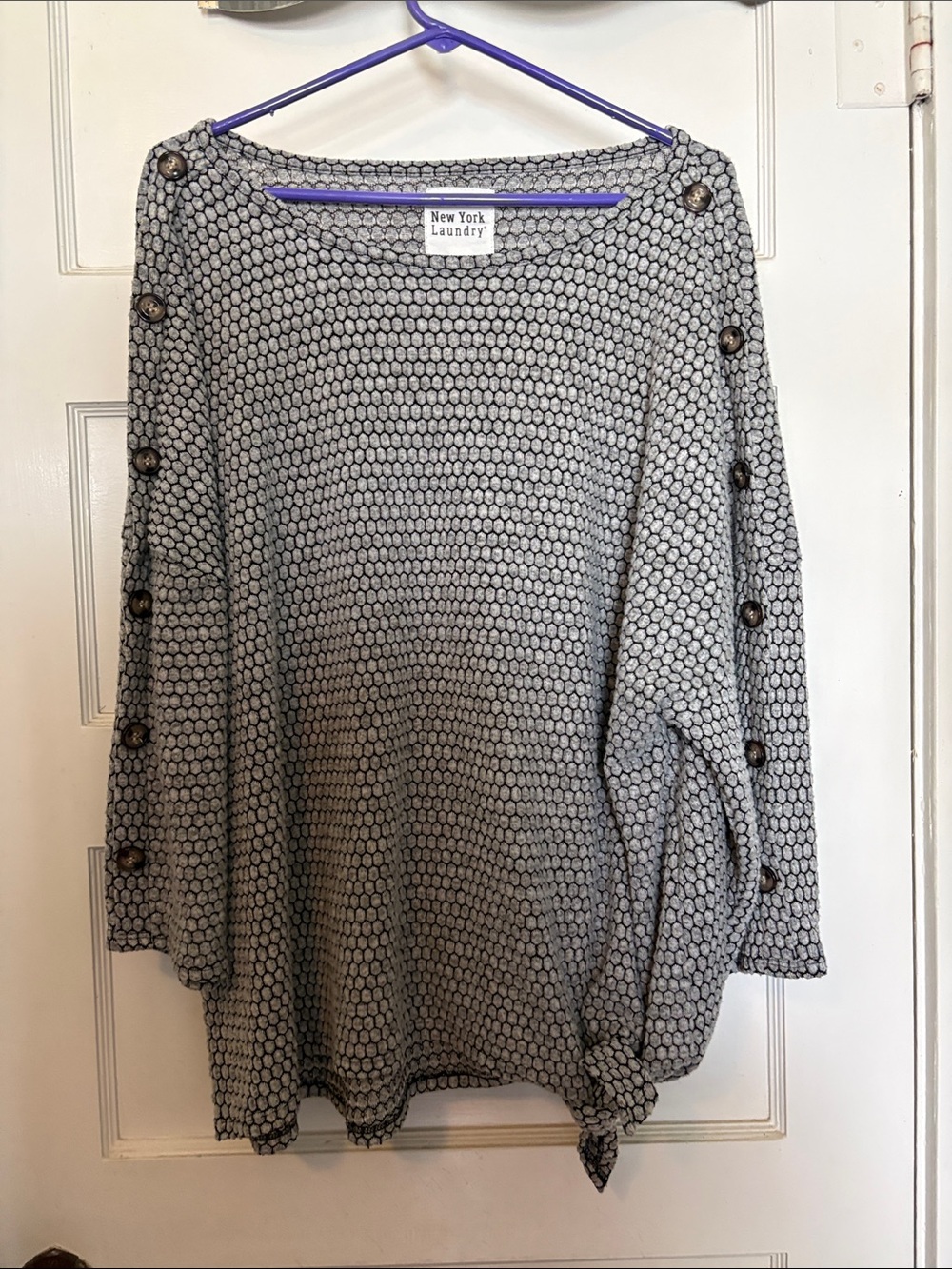 New York Laundry Gray Button-Accent Fuzzy Knit Top Size 2X